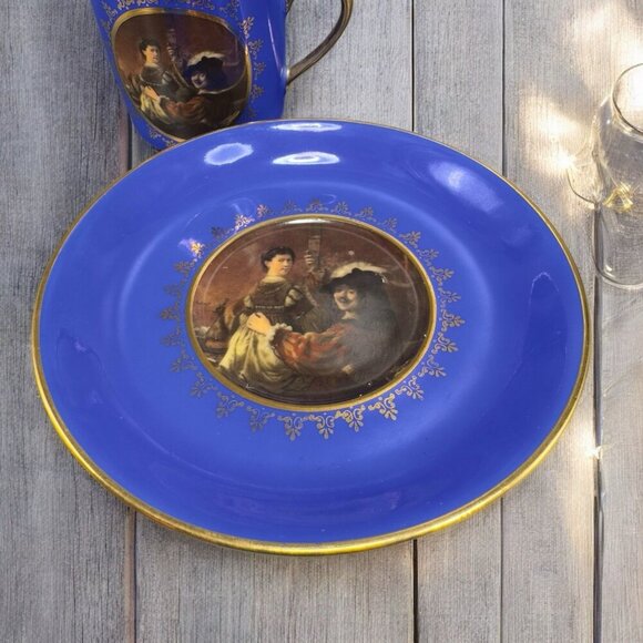 Kuba Bavaria Cobalt Blue Portrait Teacup And Saucer Set Germany Gold Edges VTG - Picture 2 of 16